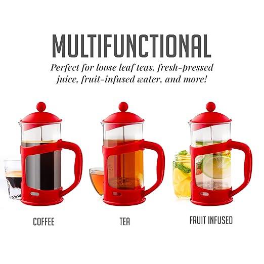 OVENTE French Press Coffee Maker 34 Ounce with Heat Resistant Borosilicate Glass & Stainless Steel 4-Level Filtration System, Portable Cold Brew Coffee Maker for Travel, Camping or Gift, Red FPT34R