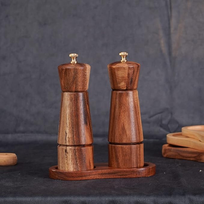 Salt and Pepper Mill Set, Adjustable Ceramic Grinder Salt Mill, Stainless Steel Grinder Pepper Mill, Acacia Wood, 16.5 cm / 6 inch Height, Bottom Dia 5 cm (Tray is NOT Included)