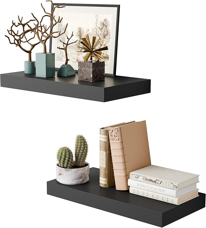 Black 16 Inch Floating Shelves for Wall, 8 Inch Deep Floating Shelves Set of 2, Wall Shelves for Bathroom Over Toilet, Live Edge Shelf with Invisible Brackets for Bedroom, Home Decor