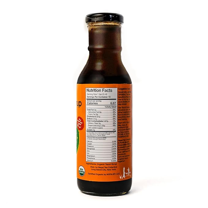 Global Family Farms Yacon Syrup 100% Organic, 9.5 Fl Oz Glass Bottle, Low Calorie, Satisfying Sweetness, Rich in Minerals, Low Glycemic, High in FOS/Prebiotic for Digestive Health