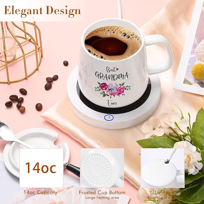 Coffee Mug Warmer, Best Grandma Ever Mug, Coffee Cup Warmer for Desk, Gifts for Grandma, White Heated Coffee Warmer for Nana Home Office Christmas Birthday Gifts