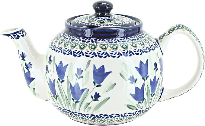 Blue Rose Polish Pottery - Blue Tulip Medium Teapot - 4 Cup Capacity - Hand-Painted Polish Pottery Ceramic Coffee & Tea Server