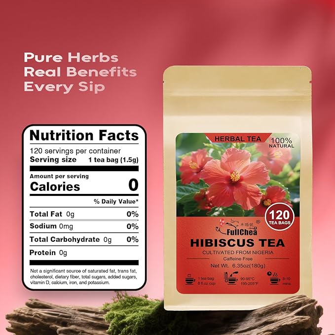 FullChea - Hibiscus Tea Bags, 1.5g*120 Counts - Te De Flor de Jamaica, Hibiscus Flowers Tea for Daily Wellness - Non-GMO - Caffeine-free - Rich in Antioxidants & Support Digestion