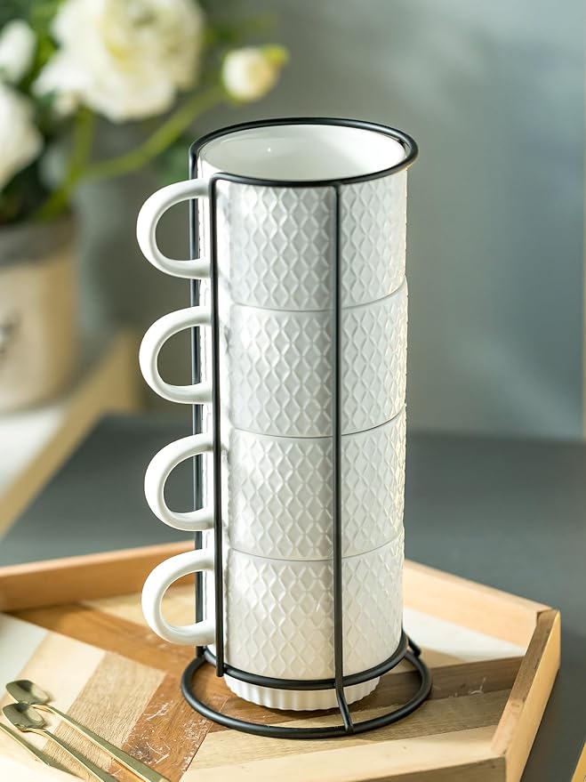 LYEOBOH Stackable Coffee Mugs with Rack, 13 oz Ceramic Coffee Mug Set of 4 with Stand, Latte Cup with Spoon, Cappuccino Cups for Hot Cocoa, Milk, White