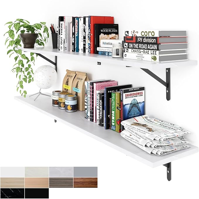 Kaboon 55 inch Long 10 inch Deep Floating Shelves for Wall Set of 2, Large Open Shelves Wall Mounted, Space Saving Home and Commercial Use, White Rock