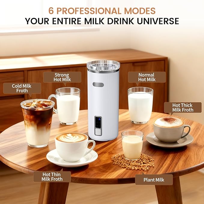 Kndko Electric Milk Frother, 6-in-1 Milk Frother and Steamer, Automatic Warm and Cold Foam Maker and Milk Warmer for Latte, Cappuccino, Macchiato, Perfect for Home and Office Use, Easy to Clean, White