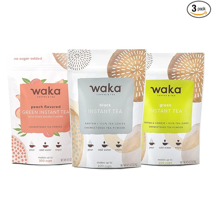 Waka Instant Tea Mix, 3 Bag Bundle - 100% Leaves, No Additives, Unsweetened Powders - Kenyan Black, Classic Green, Peach Flavored Green (4.5oz Each)