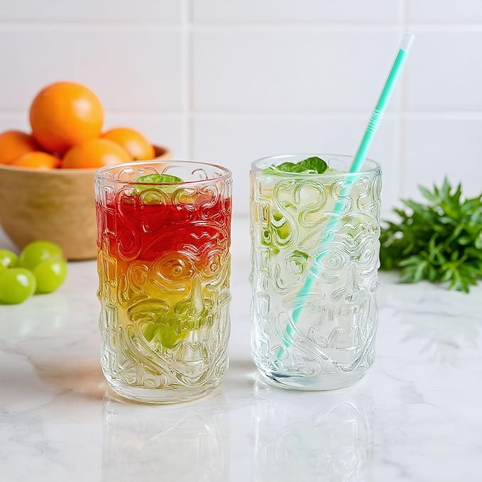 6-Pack 14.5oz Clear Tiki Glasses Cups for Cocktails Glass Drinking Set Crystal Glass Tumbler - for Water, Juice, Beer, Cocktails, Mojito, Wine and Whiskey, Bar Glassware