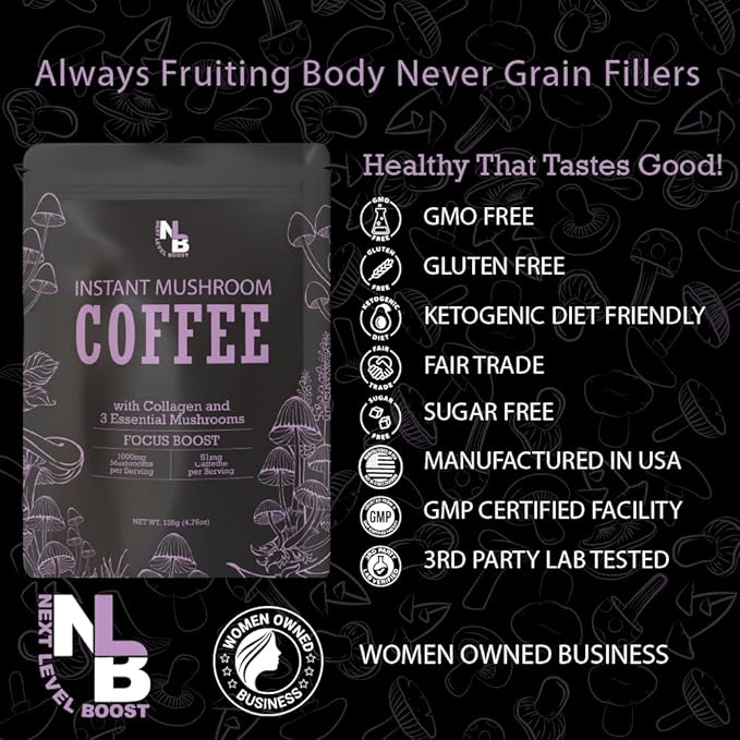 Focus Boost Organic Mushroom Instant Coffee - 135g, 15 Servings Pouch - Healthy Coffee alternative and Substitute - With Dynamine, Collagen, Lions Mane and Antioxidants