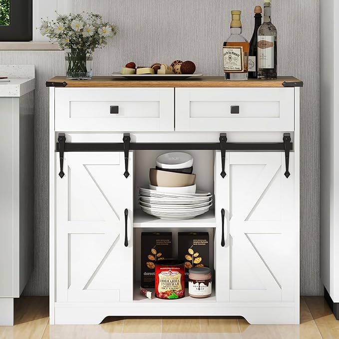 Vabches Bathroom Floor Cabinet, Farmhouse Storage Cabinet with Sliding Barn Door and Storage Drawers, White Buffet Cabinet with Adjustable Shelves for Bathroom, Kitchen, Entrance Area, Living Room