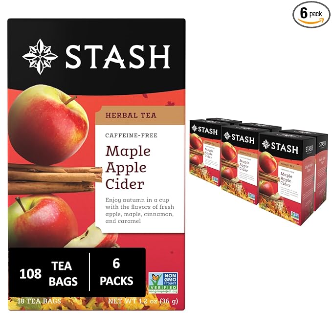 Stash Tea Maple Apple Cider Herbal Tea - Naturally Caffeine Free, Non-GMO Project Verified Premium Tea with No Artificial Ingredients, 18 Count (Pack of 6) - 108 Bags Total