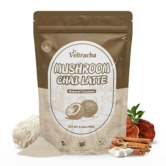 Veltracha Mushroom Chai Tea, Instant Decaf Chai Tea Powder with 6 Adaptogenic Mushrooms, Spiced Chai Latte for Energy & Focus Support, 6.35 oz 20 Servings (Natural Coconut)