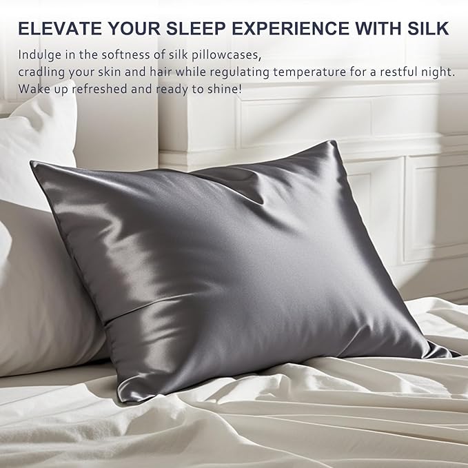 Ravmix Silk Pillow Cases 2 Pack with Zipper, Both Sides 21Momme Mulberry Silk Pillowcase Set of 2 Queen 20×30inches for Sleeping Women Men, for Beauty Sleep Hair Skin, Space Grey