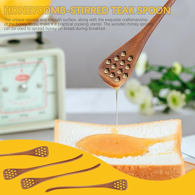 4PCS Wooden Honey Dipper Sticks - Natural Honey Drizzler Stirrer for Tea, Coffee, Syrup (7.3"),Reusable Honey Comb Spoon Set for Jar Dispensing Bread Spread Chocolate Caramel (Brown)