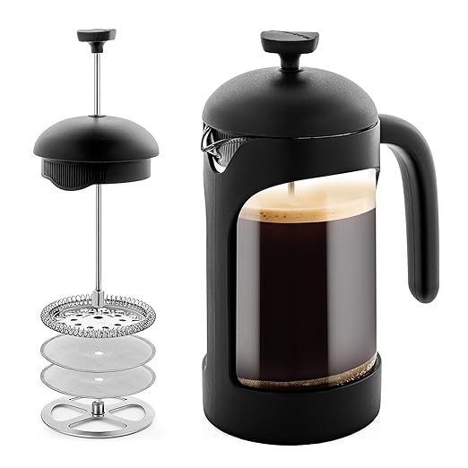 OVENTE French Press Coffee Maker 20 Ounce with Heat Resistant Borosilicate Glass & Stainless Steel 4-Level Filtration System, Portable Cold Brew Coffee Maker for Travel, Camping or Gift, Black FPB20B