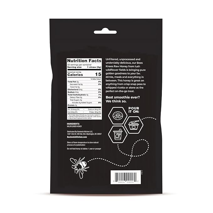 Bees Knees Clover Raw Honey Sticks, 50 Count of Raw Honey Sticks for Tea, Made in the USA, Sweet & Delicious, Pure & All Natural, Unfiltered & Gluten Free, 50 Straws