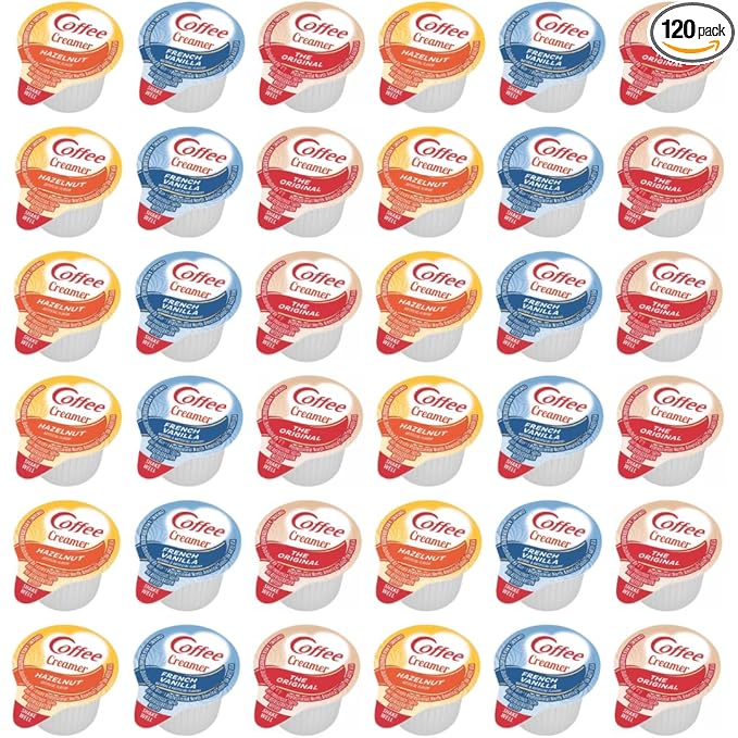 Coffee Creamer Bulk Assortment, Non-Dairy Creamer, Variety Pack, 120 Count, Great for Home Use, Offices and Coffee Stations (120-Pack, 3-Flavor)