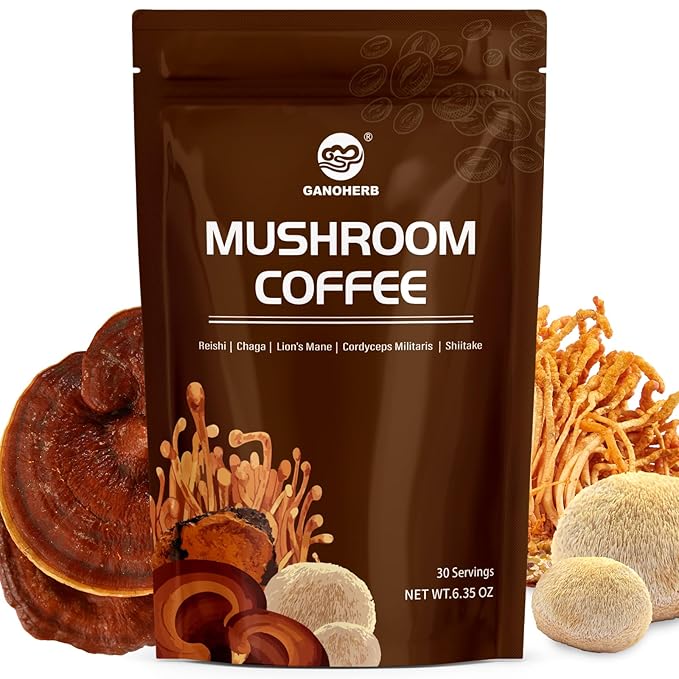 GANOHERB Instant Mushroom Coffee Powder, Arabica Coffee Mix with 5 Adaptogen Mushrooms, Lions Mane, Reishi, Chaga, Cordyceps, Shiitake and MCT Oil for Energy and Focus, 6.35oz, 30 Servings