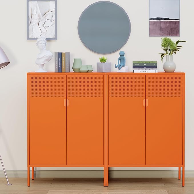 Orange 3 Tier Metal Storage Cabinet with Legs, 2 Door Metal Locker Style Accent Storage Cabinet with 2 Adjustable Shelves for Home, Office, Entryway and Hallway