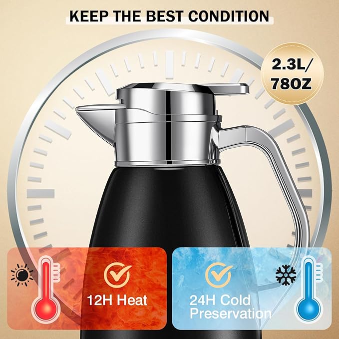 Tioncy 2 Pcs Thermal Coffee 78oz Insulated Carafe Hot Water Dispenser Stainless Steel Carafe for Hot Liquid Coffee Tea Milk with 2 Brushes Keep 12 Hours Hot 24 Hours Cold(Black)