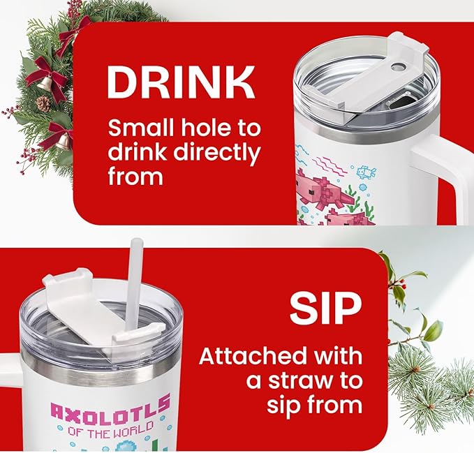34HD Pixel Axolotl 40oz Tumbler with Handle and Straw – Cute Sea Animal Stainless Steel Water Cup – Insulated Coffee Travel Mug for Kids, Gamers, Women, Axolotl Lovers, Birthday Gift Christmas Gift