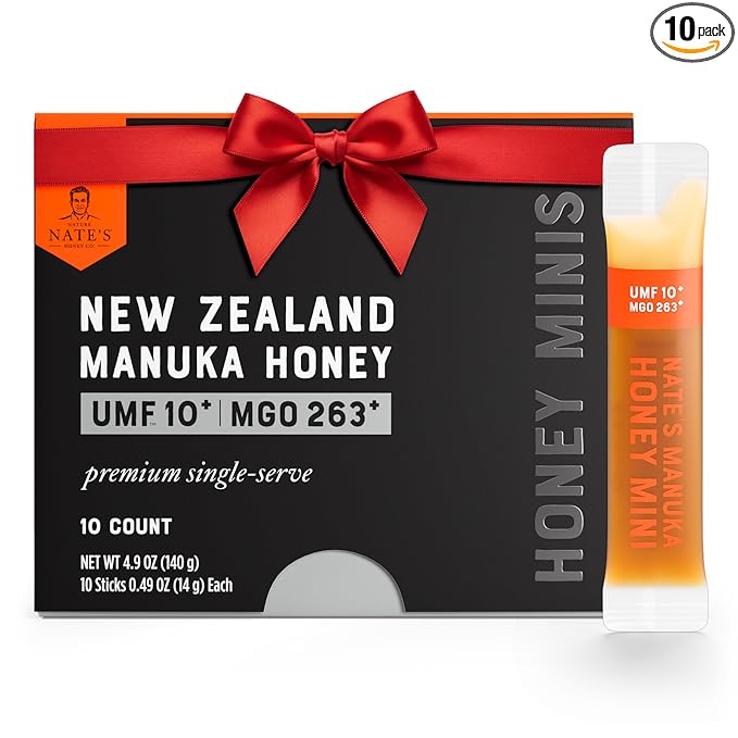 Nate's Manuka Honey Minis - 10 Count Single-serve, Pure Manuka Honey - MGO 263+ | UMF Certified 10+ Single-Serve Packets for On-the-Go Daily Wellness