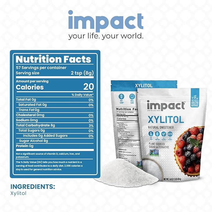 Impact - Xylitol Granular Sweetener - Plant-Sourced, Low Carb, No Additives, Oral Care Support, Zero Net Carb Sugar Alternative - 1 lb Pouch