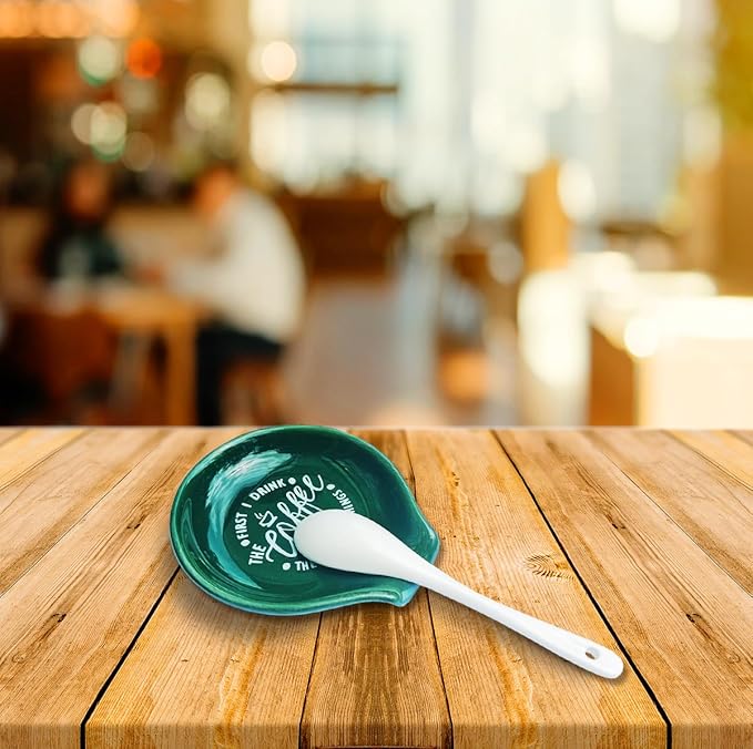 Funny Coffee Quote First I Drink The Coffee Then I Do The Things Ceramic Spoon Holder-Blackish Green Coffee Spoon Rest -Cafe Station Bar Accessories