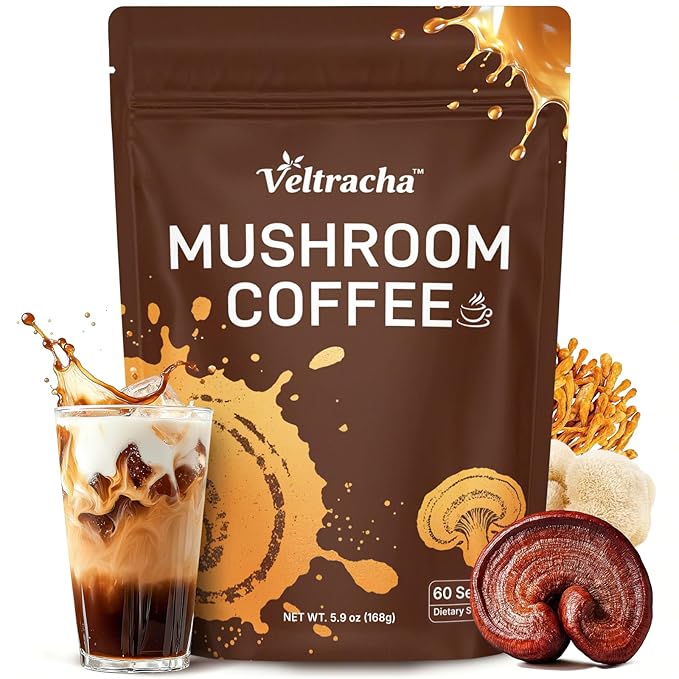 Mushroom Coffee, 60 Servings, Arabica Instant Coffee with 6 Adaptogenic Mushrooms (Lion’s Mane, Cordyceps, Turkey Tail & Other), Medium Roast Immune Boosting Coffee for Focus & Gut Health Support