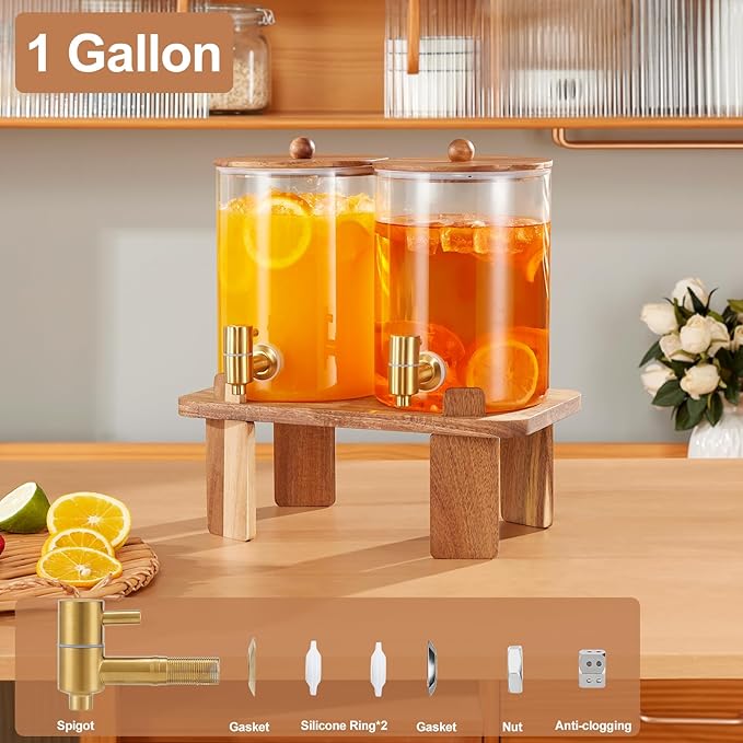 2 PCS 1 Gallon Drink dispenser, Glass Beverage Dispenser With Wood Stand, Large Water Drink Dispensers for Parties With Stainless Steel Spigot, Ideal for Lemonade,Juice, Tea, and Party Drinks