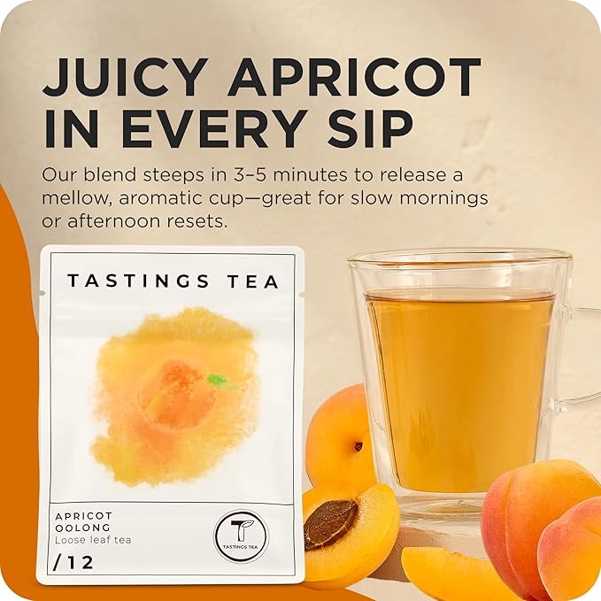 Tastings Tea Apricot Oolong Loose Leaf, 2.55 oz | Smooth & Juicy Blend from Fujian Province China | Medium Caffeine | Naturally Sweet & Elevating | Small Batch & Sustainably Sourced | Resealable Pouch