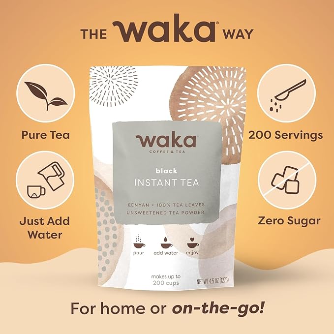 Waka Instant Black Tea Mix, Kenyan - 100% Tea Leaves, No Additives, Unsweetened Tea Powder for 50 Quarts or 200 Cups – Easy and Quick Hot or Iced Teas (4.5oz)