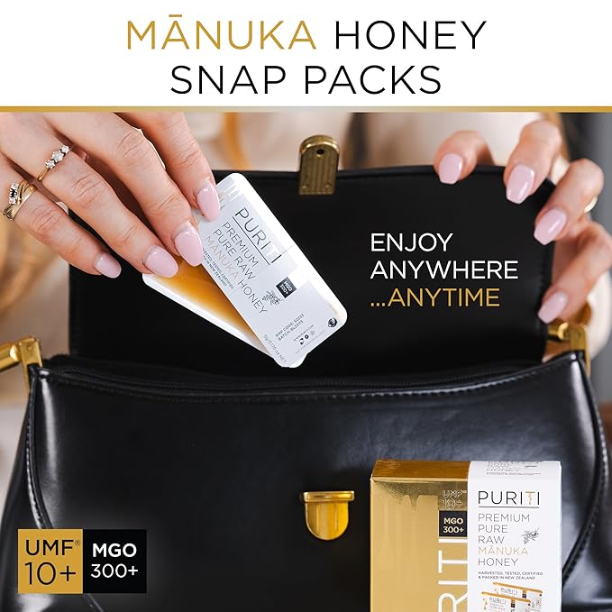 PURITI Genuine Raw Manuka Honey Snaps On The Go - UMF 10+ (MGO300+) 21 x 0.18oz Individual Snap Packets, Single Serve Honey Sticks for Tea, Travel & Snacks, Certified, Authentic Made in New Zealand