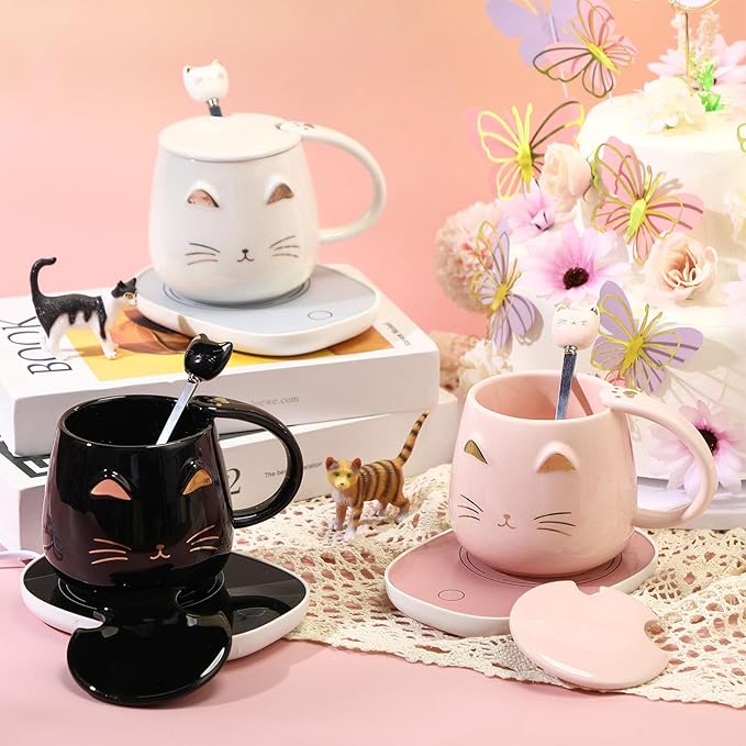 Cat Coffee Cup Warmer Coffee Warmer with Mug for Women Electric Coffee Mug Heater Temperature Control Ceramic Cute Cat Smart Coffee Warmer for Office Christmas Birthday Gift (Pink)
