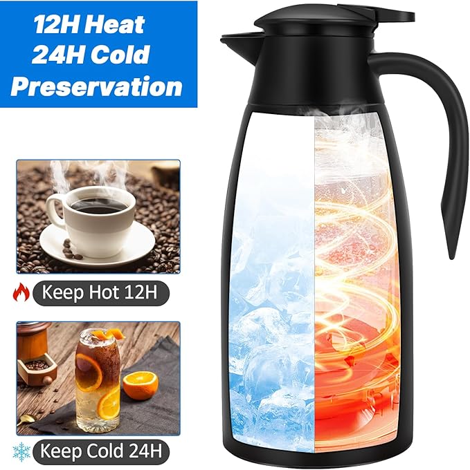 68OZ Thermal Coffee Carafes for Keeping Hot, 2 Liter Stainless Steel Thermal Carafe, Double Wall Vacuum Insulated Pitcher Tea Pot for Coffee Tea Keep Hot 12 Hours, Black