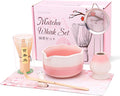 Pink Matcha Set, 7 Pcs Matcha Kit with Matcha Bowl with Spout, Bamboo Whisk & Holder, Tea Towel, Stainless Sifter, Bamboo Scoop & Rest, Cute Macha Gift Set for Women Birthday Christmas