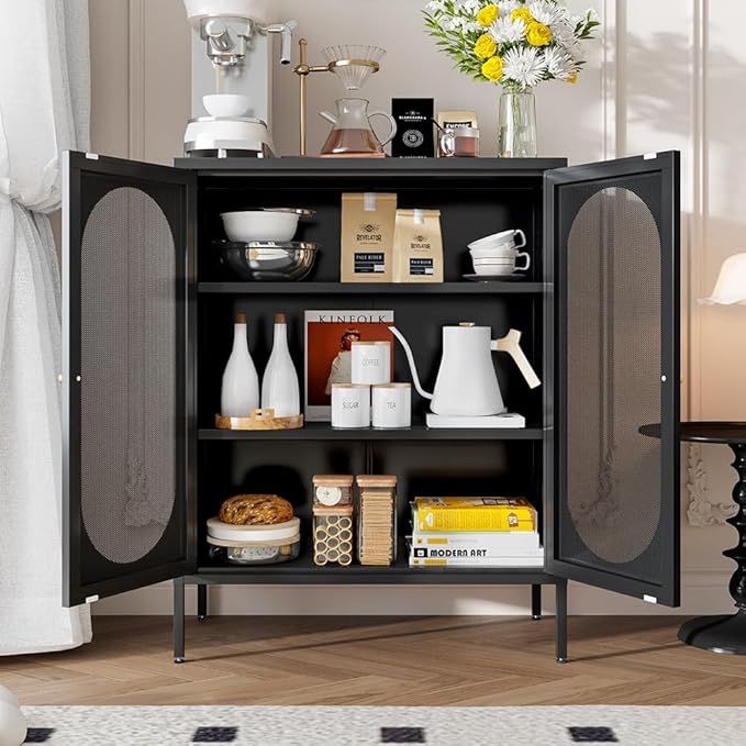 Metal Storage Cabinet，Small Cabinet with 2 Mesh Doors, Pantry Storage Cabinet with Adjustable Shelf, Black Accent Cabinet for Home, Office, Living Room,Dining Room,Sideboard, Hallway and Entryway