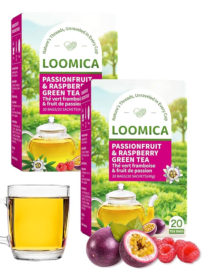 LOOMICA Passionfruit Raspberry Green Tea, Fruity Sweet-Tart Blend of Passion Fruit & Raspberry and Green Tea, Refreshing & Tropical, Hot or Iced, Antioxidant-Rich, No Artificial Sugar, 20 Counts (Pack of 2)