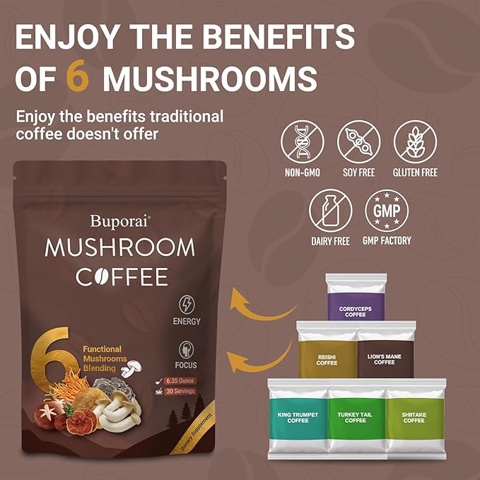 Mushroom Coffee, Instant Mushroom Coffee with 6 Mushrooms Lion’s Mane, Cordyceps, Turkey Tail & Other for Energy, Focus, Digestion, Immunity, 30 Servings (1 Pack)