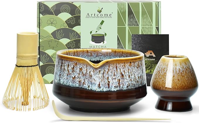 Artcome Matcha Tool Set - Complete Kit with Matcha Bowl with Spout, Bamboo Whisk, Tea Scoop & Whisk Holder, Golden Glaz
