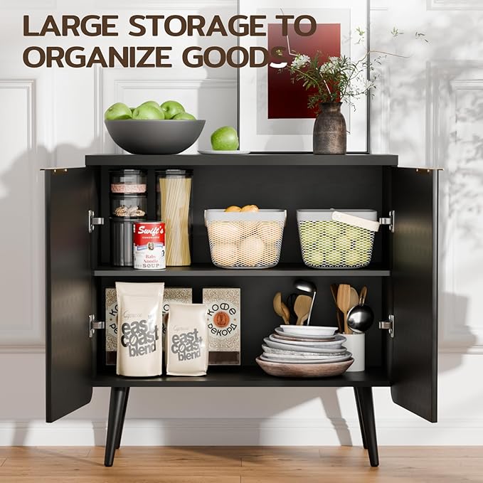 Wood Fluted Sideboard with 2 Doors, Modern Buffet Cabinet with Shelves, Multi-Space Storage Credenza Kitchen for Entryway, Dining & Living Room, Black