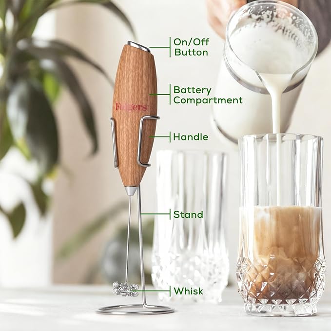 Folgers Electric Coffee Milk Frother – Handheld Battery-Operated Drink Mixer with Stainless Steel Whisk & Stand, Wood-Grain Finish, Perfect for Lattes, Cappuccinos & Hot Chocolate