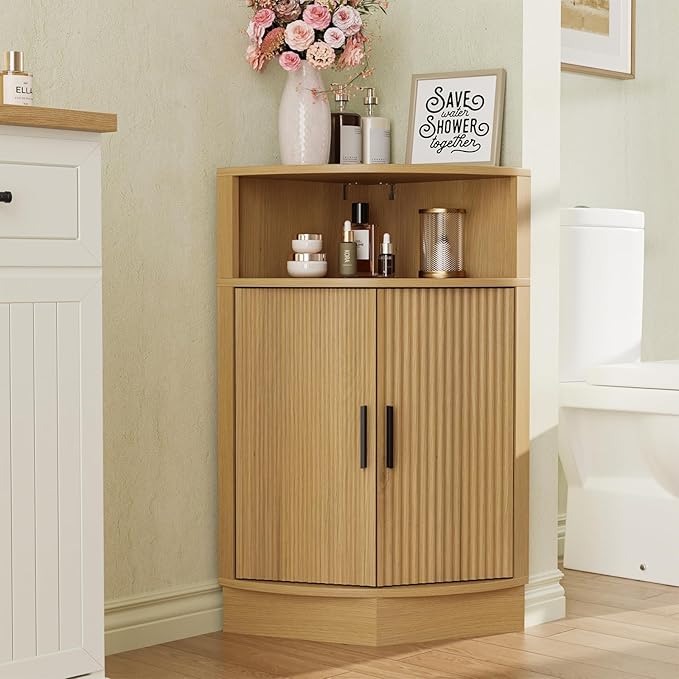 Corner Bathroom Cabinet, Modern Small Corner Cabinet with Fluted Door and Open Shelf, Space Saver for Bathroom, Living Room, Kitchen, Natural