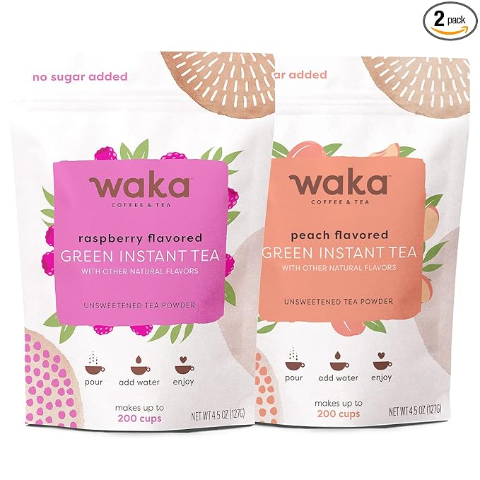 Waka Instant Tea Mix, 2 Bag Bundle - 100% Leaves, No Additives, Unsweetened Powders - Raspberry & Peach Flavored Green (4.5oz Each)