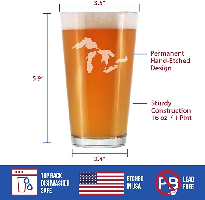 Great Lakes Map Pint Glass Gift for Beer Drinking Men & Women - 16 oz Glassware - Unique Engraved Barware Gifts
