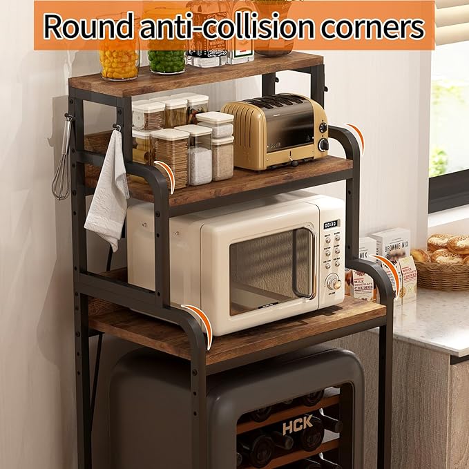 4-Tier Mini Fridge and Microwave Stand Shelf Organizer,61.6" Tall Mini Fridge Cabinet Bakers Rack with Power Outlet,Microwave Oven Stand,Kitchen Shelf Coffee Bar for Home Office Dorm