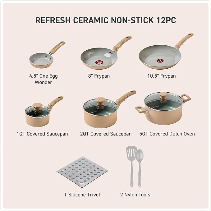 T-Fal Refresh Ceramic Nonstick Cookware Set, 12-Piece, Oven Safe to 350°F, Includes Stockpot, Griddle, Frying Pans, Utensils, Ceramic Pots and Pans Set, Sand Beige