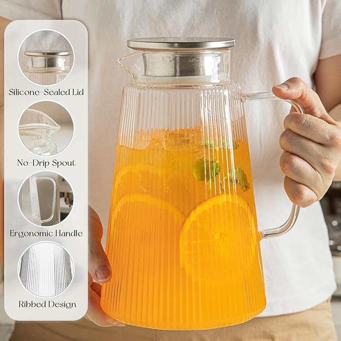 2PCS Ribbed Glass Pitcher Set – 71oz Heat-Resistant Beverage Jugs with Lid for Water, Iced Tea, Juice, Coffee – Large Borosilicate Carafes for Hot & Cold Drinks, Elegant Serving Pitchers (Clear-2PCS)