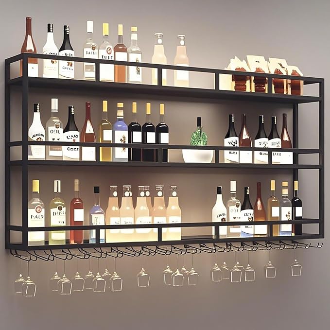 Wall-Mounted Wine Rack with LED Light, 3-Tier Wall Bar Shelves for Liquor Bottles & Glasses, Modern Industrial Black Floating Display Shelf for Home Bar, Dining Room& Kitchen, 39 x 9.8 x 35 in