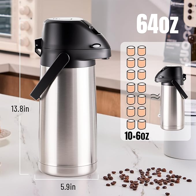 PARACITY Airpot Coffee Carafe Thermal 64 Oz(1.9L) with Lever Action/Pump, Stainless Steel Coffee Carafe for Keeping Hot, Hot Water/Beverage/Chocolate Dispenser for Party Breakfast Camping